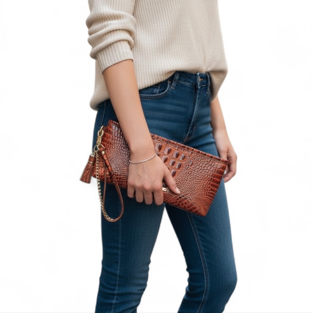 Brahmin Cognac Croc-Embossed Wristlet Clutch - Picture 1 of 7